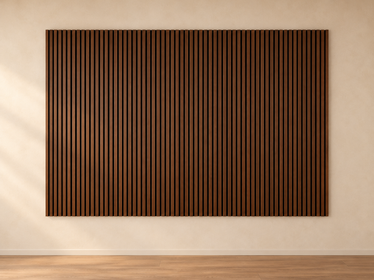 شرائح جوزي رأسية — Dark vertical slat TV wall cladding