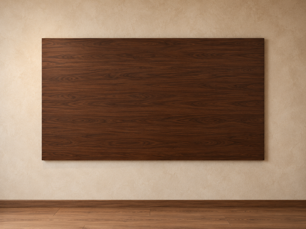 لوح داكن دافئ — Dark wood-look TV wall panel